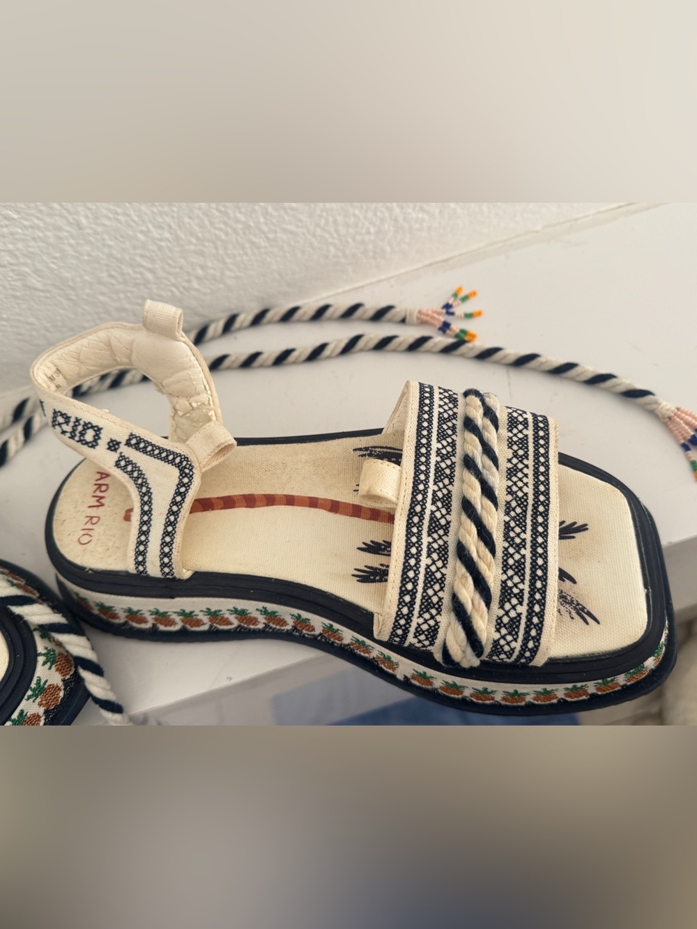 FARM Rio Cream and Navy Embroidered Platform Sandals with Pineapple Trim - Picture 5 of 9